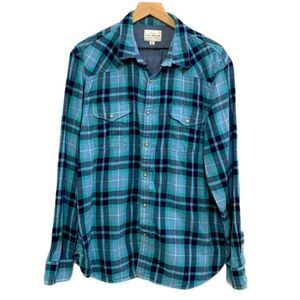 LUCKY BRAND SHIRT MENS XL BLUE AQUA PLAID FULLY LINED PEARL SNAP WESTERN.